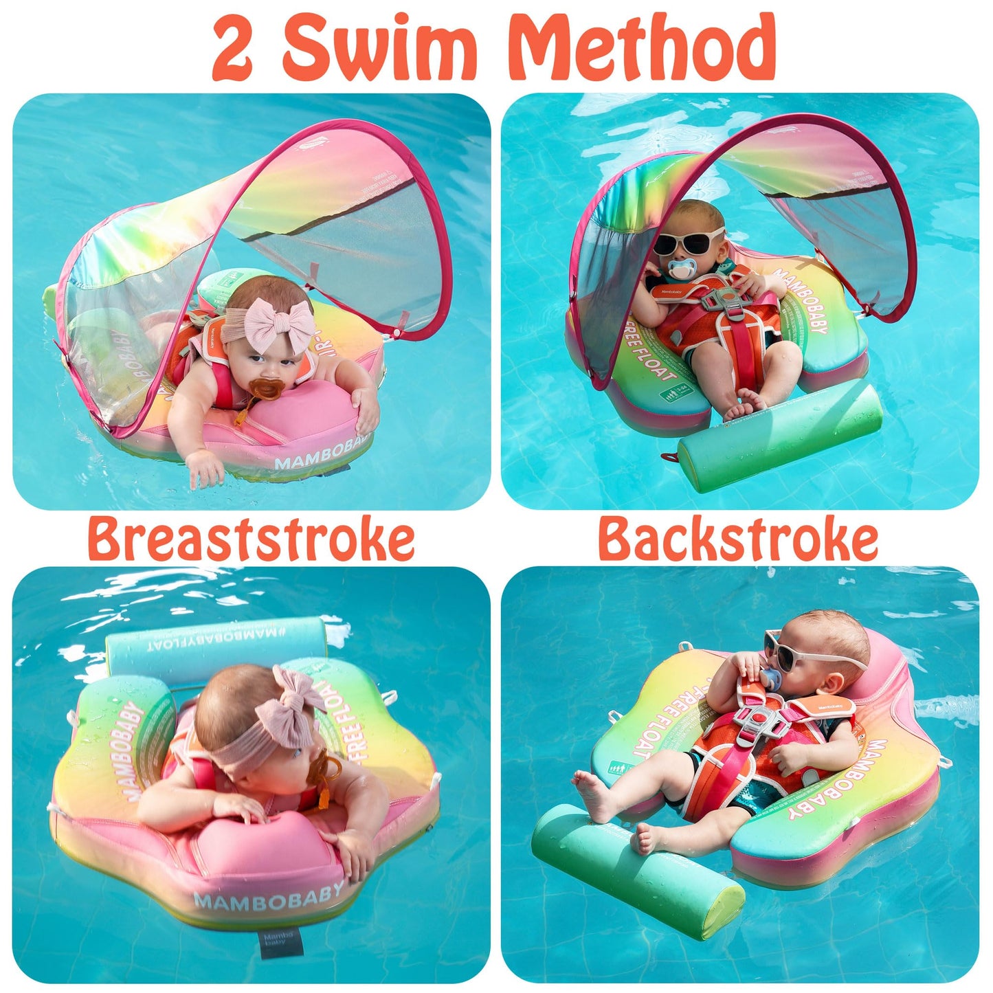 AnjeeIOT Mambobaby Float with Canopy Baby Float Non-Inflatable Baby Pool Float Solid Swimming Float Upgraded Add Tail Never Flip Over for Infant 3-24 Months, Rainbow Pink