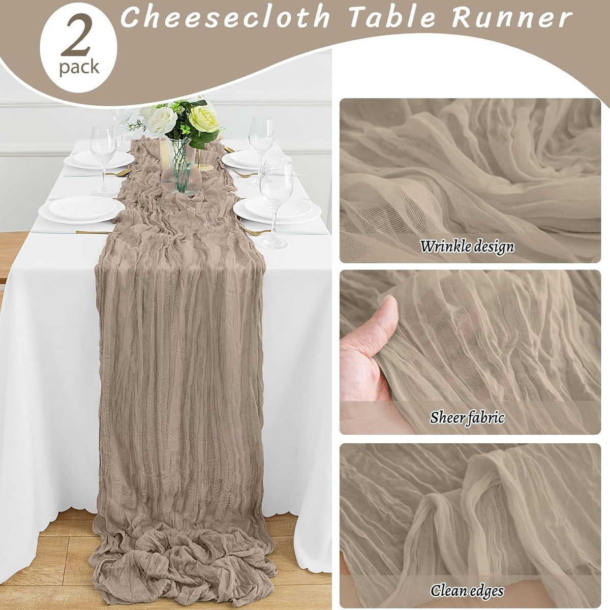 2Pack Nude Table Runner 10FT Cheesecloth Table Runner 35x120Inch Long Boho Cheese Cloth Table Runners Rustic Gauze Table Runners for Party Wedding Bridal Shower Baby Shower Decorations