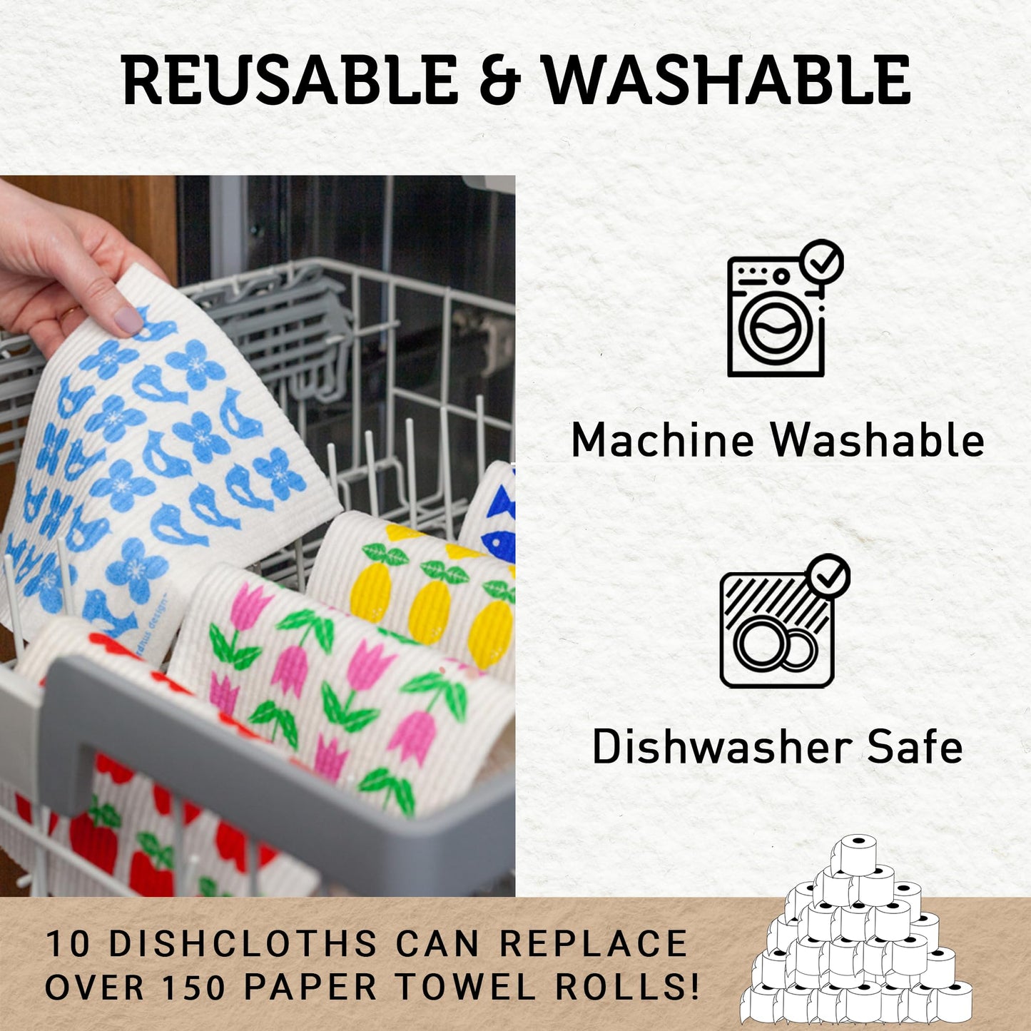 Nordhus Design Swedish Dishcloths (10 Pack) – Reusable Swedish Dish Cloths for Kitchen, Eco Friendly Cellulose Sponge Cloth, Ultra Absorbent, Odor Free, Replaces Paper Towels, Washable & Compostable