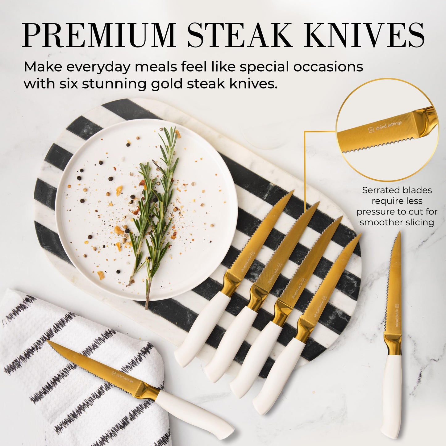 White and Gold Knife Set with Block - 14-Piece White Knife Set with Block and Built-In Sharpener – Titanium-Coated High Carbon Stainless Steel Blades - Gold Kitchen Accessories - Great for Gifting