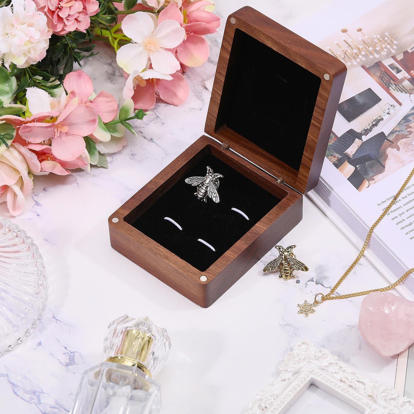 CONCHLERY Wooden Cufflink Tie Clip Box Rectangle Wood Cufflink Gift Box Coconut Brown Jewelry Display Box for Engagement Birthday Anniversary 3.54x2.95inch, Black Inside