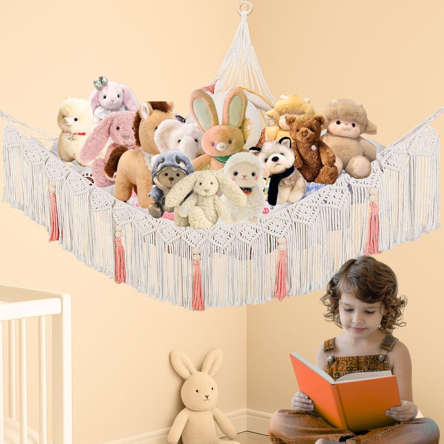 SYSYNA Corner Stuffed Animal Hammock - Large Macrame Wall Mounted Plush Toy Storage Net, Kids Room Decor