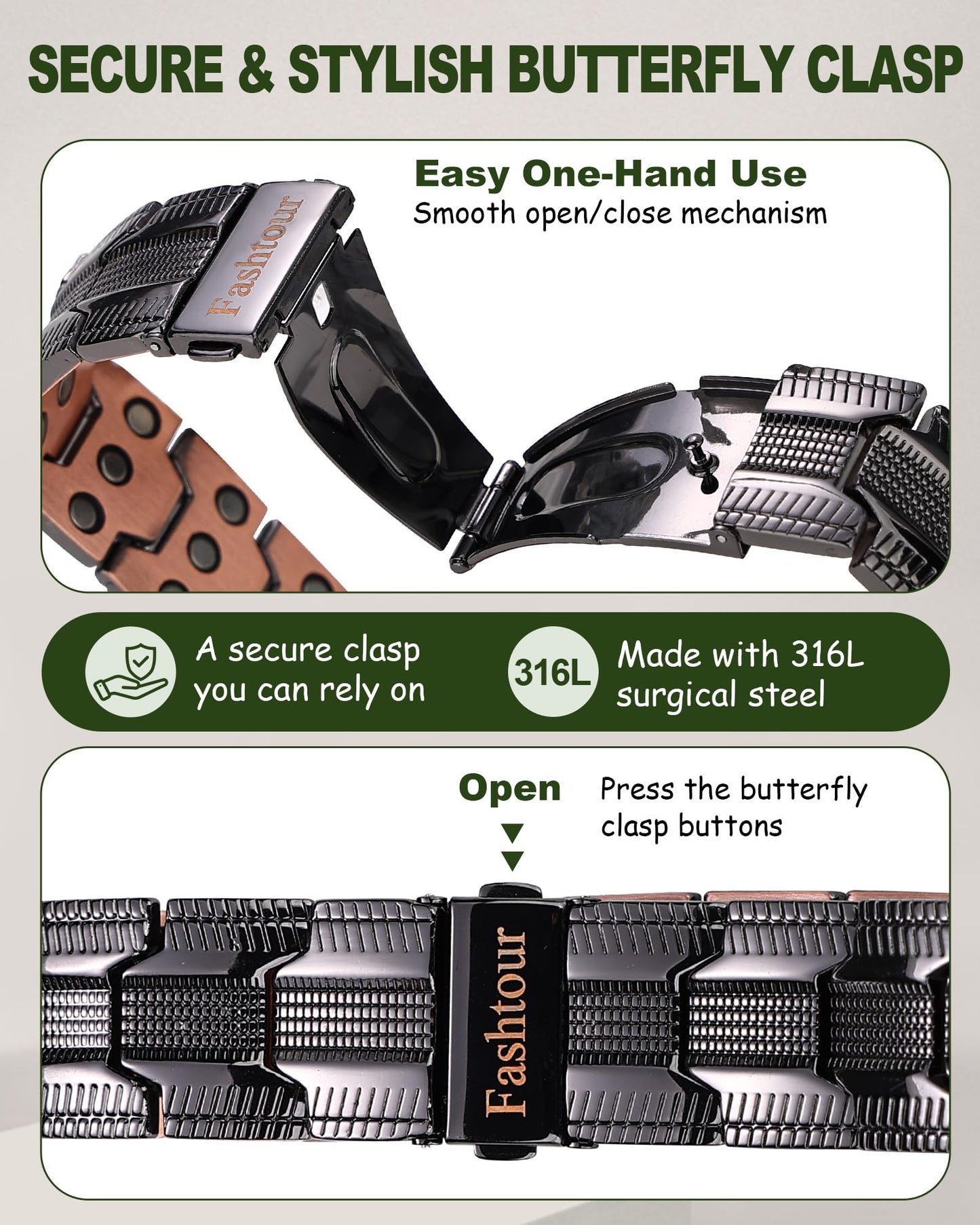 Fashtour Men’s Copper Bracelet, 3X Strength 99.99% Pure Copper Magnetic Bracelet with Magnets, Butterfly Clasp Design, Adjustable Length with Sizing Tool(Black)