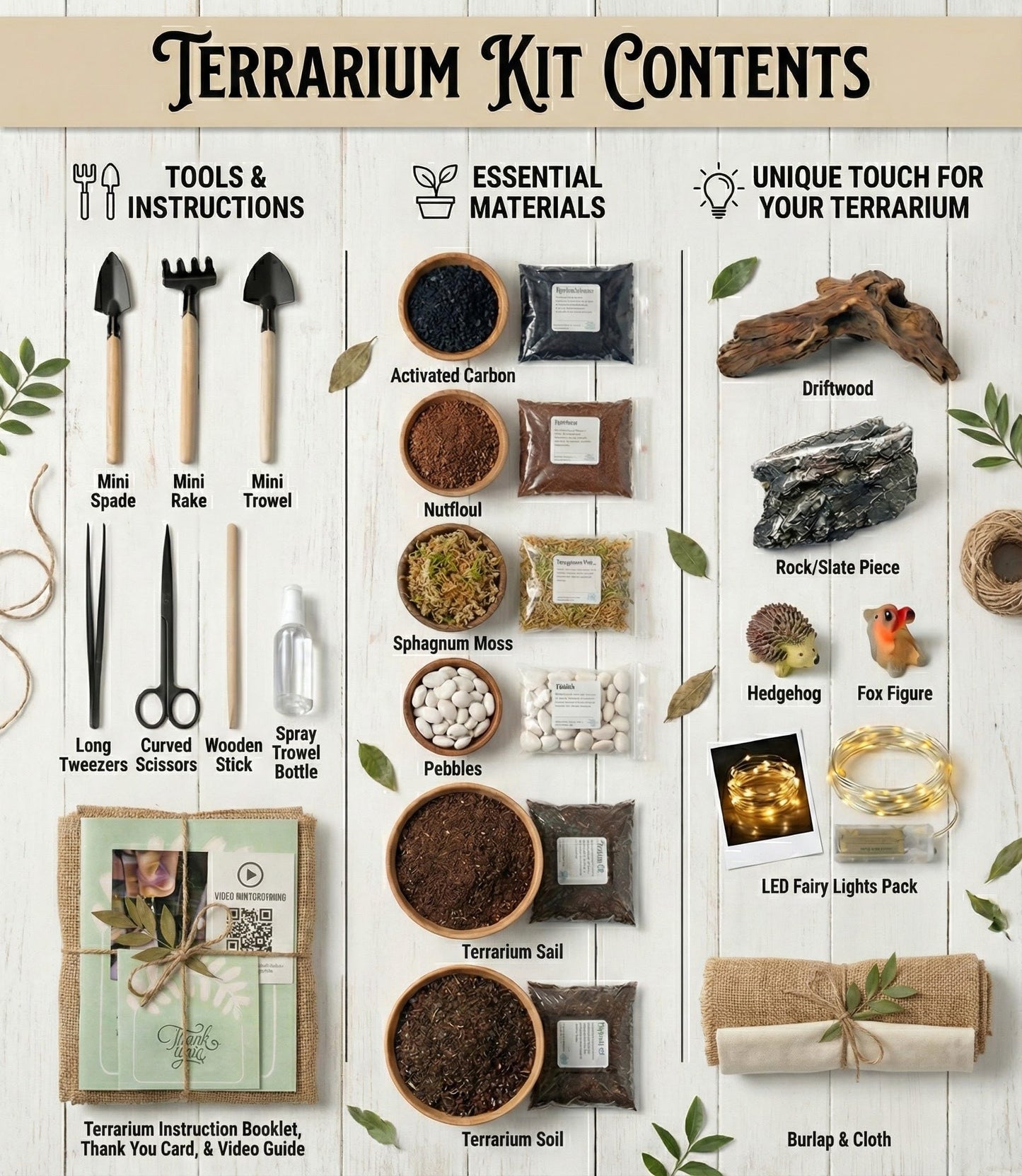 DIY Terrarium Kit | Pebbles Sphagnum Moss Activated Carbon Burlap Peat Moss Tools | Terrarium Supplies (Advanced)