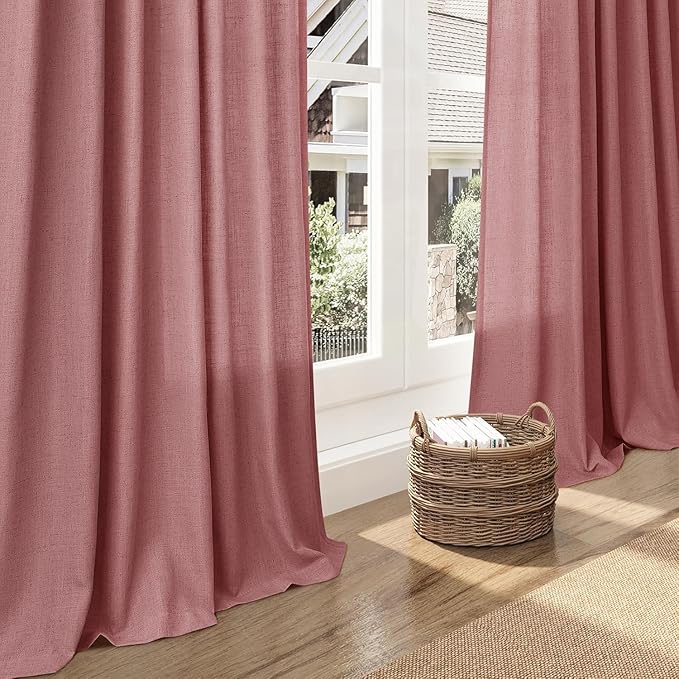 Canyon Rose Linen 112 Inch Curtains for Living Room Light Filtering Semi Sheer Curtain Back Tab Modern Farmhouse Decor Elegant Girl Drapes Floor to Ceiling High Window for Bedroom 52x112, 2 Panels