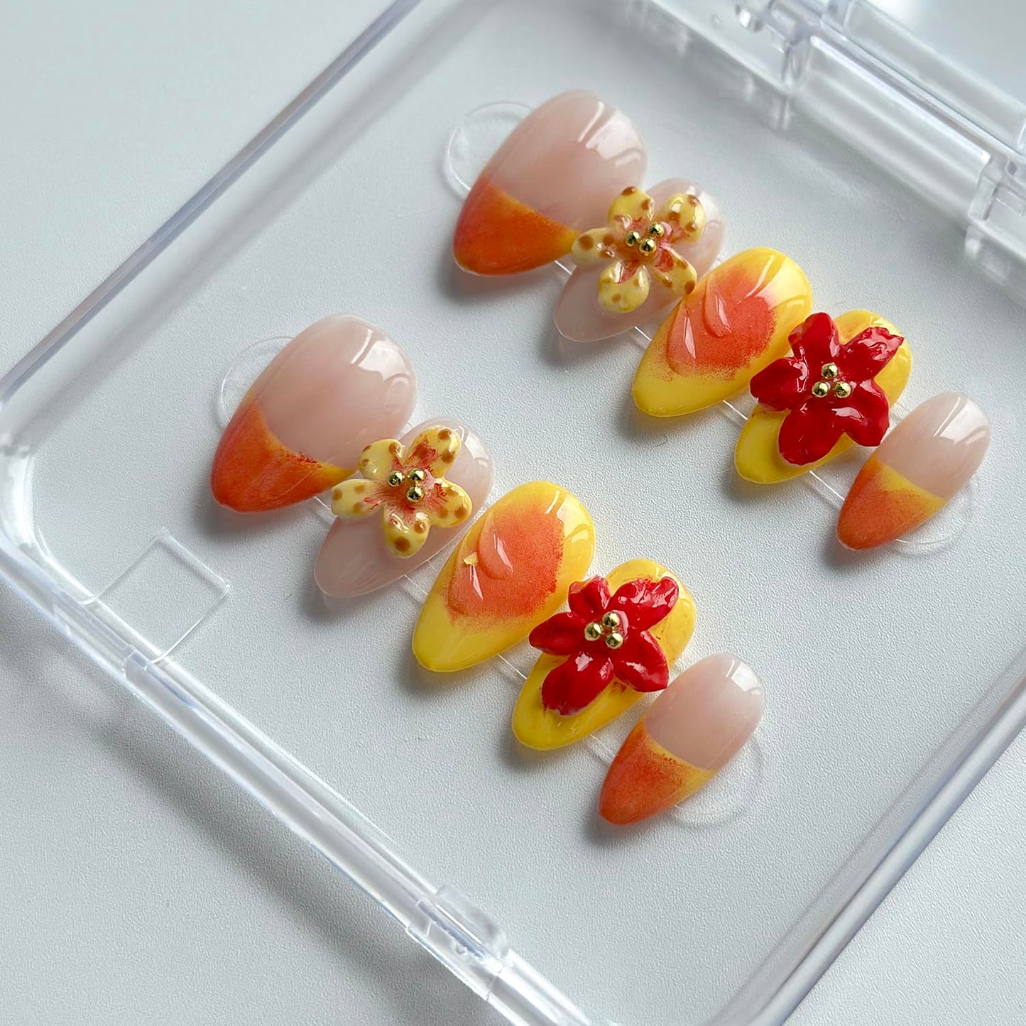 Luxury Press on Nails Short Almond Handmade 3D Unique Reusable ABS Material Fake Nails French Tip False Nails with Designs Flower Yellow&Pink Glossy Glue on Nail Thick Acrylic Nail(M)