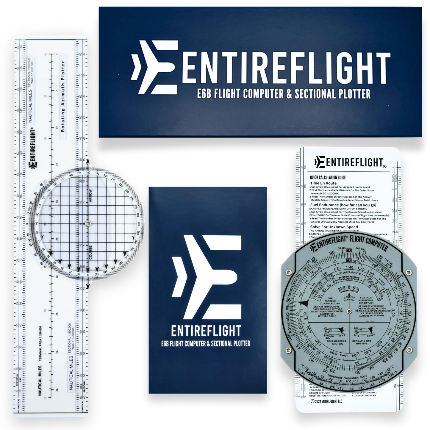 EntireFlight - E6B Flight Computer, Aviation Plotter, & Manual Box Set - Essential Pilot Accessories and Aviation Tools for Your Flight Bag - Use with IFR VFR Sectional Charts - Flight Calculator