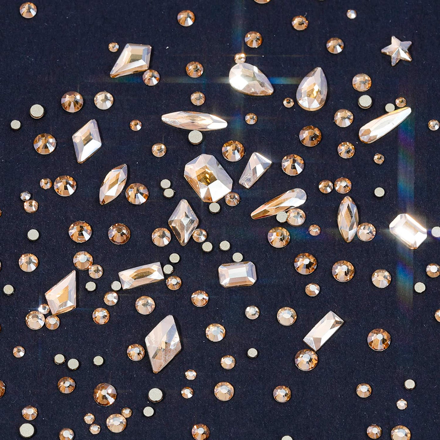 HNUIX Nail Rhinestones - 4550pcs Champagne Gold, Multiple Shape Gems, Flatback Crystal Rhinestones, with Kit and Glue Gel, for Nail Art