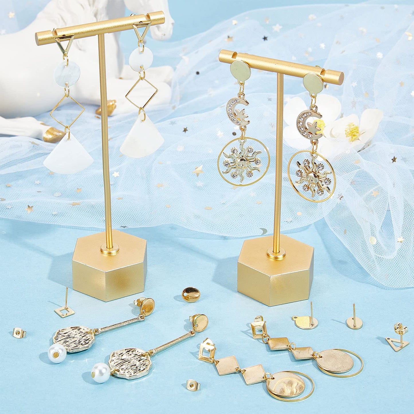 Beebeecraft 1 Box 80Pcs 4 Style 24K Gold Plated Stud Earring Findings Stainless Steel Triangle Oval Rhombus Flat Round Stud Earring Posts with Loop and Ear Nuts for Women Jewelry Making