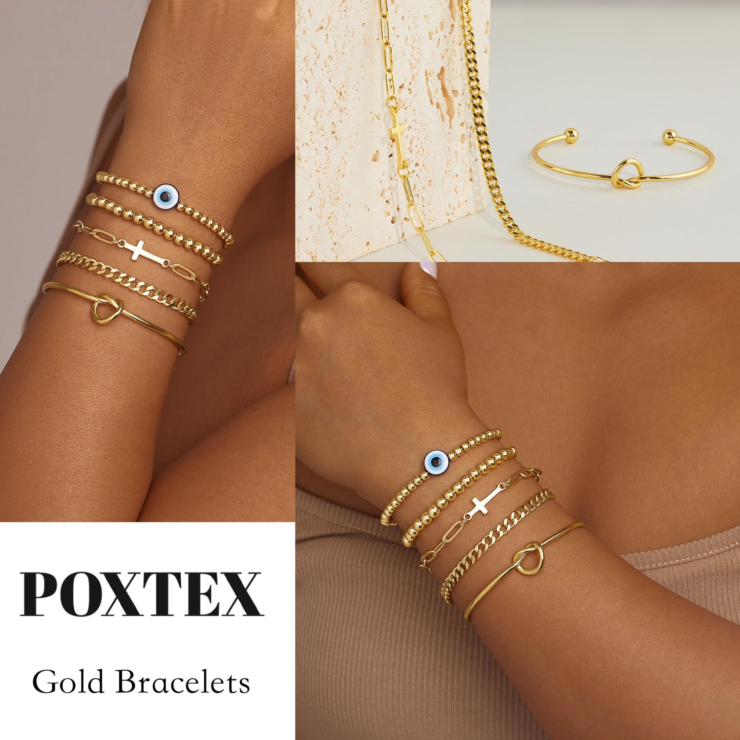 Poxtex Gold Plated Bracelets for Women, Dainty Bracelets for Women Trendy Stack With Heart, Beaded, Cuban, Paperclip, Cross, CZ Chain, Evil Eye Chain