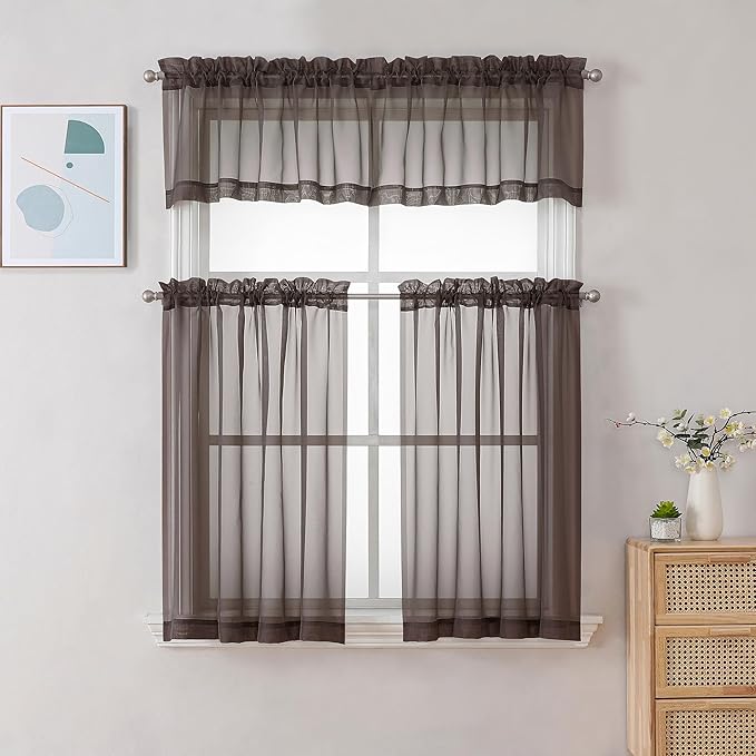 Chyhomenyc Chocolate Brown Sheer Valances for Windows - Light Filtering Small Kitchen Curtains, Rod Pocket Short Top Window Treatment Decor for Living Room Bathroom Basement, 42Wx16L inches, 2 Panels