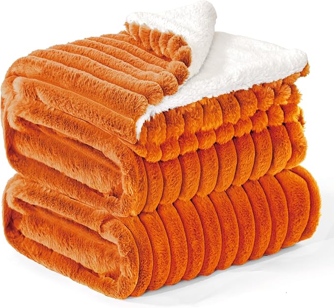 INFIIXSO Sherpa Throw Blanket for Couch - Super Soft & Warm Striped Fleece Blanket, Cozy Plush Fluffy Blanket All Season Use (Burnt Orange, 50x60 Inches)