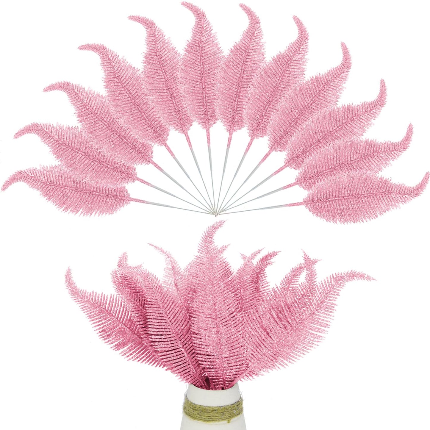 20 Pieces Artificial Christmas Glitter Leaves Branches Sparkly Fake Leaf Sprays for Christmas Tree Picks 10" Ornament Flower Arrangements DIY Crafts Wreaths Holiday Decoration Tree Fillers (Pink)