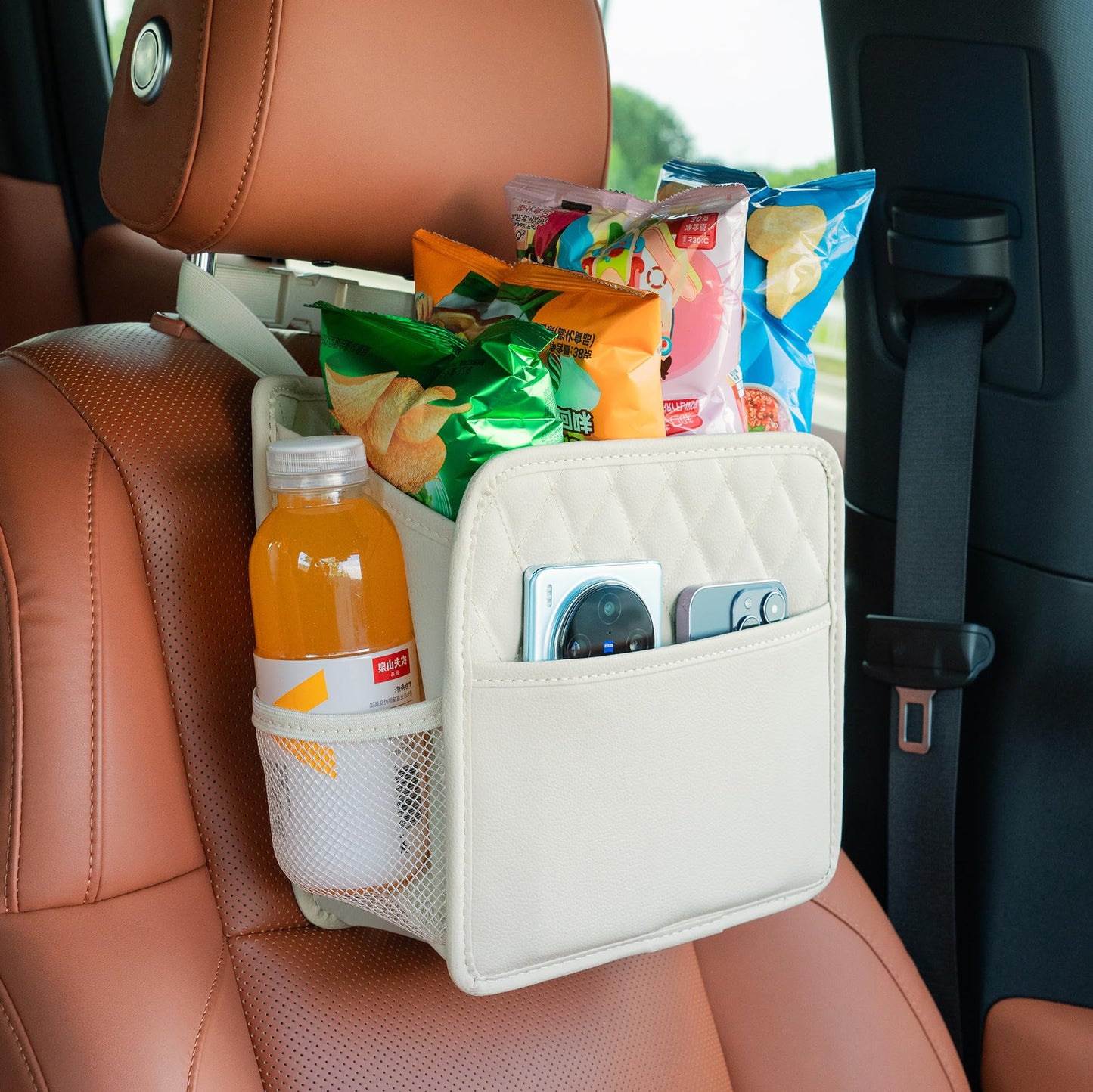FrgKbTm 2Pack Car Seat Back Hanging Bag Car Document Holder Multi-Pocket Bottle Bag Storage Box Organizer Travel Tidy Pouch Pocket Kids Beige