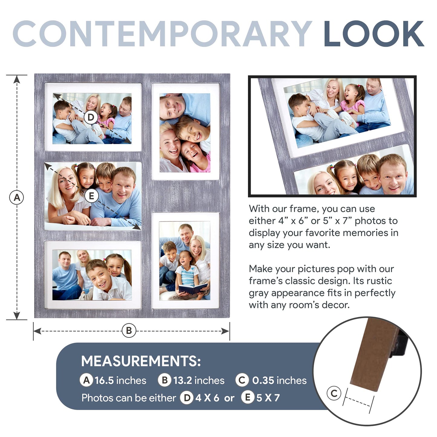 Great Lakes Memories GLM 4x6 or 5x7 Collage Picture Frames for Wall, Holds 5 Photos with Glass & Mat, 5x7 Picture Frame, Picture Frames Collage Wall Decor (Gray)