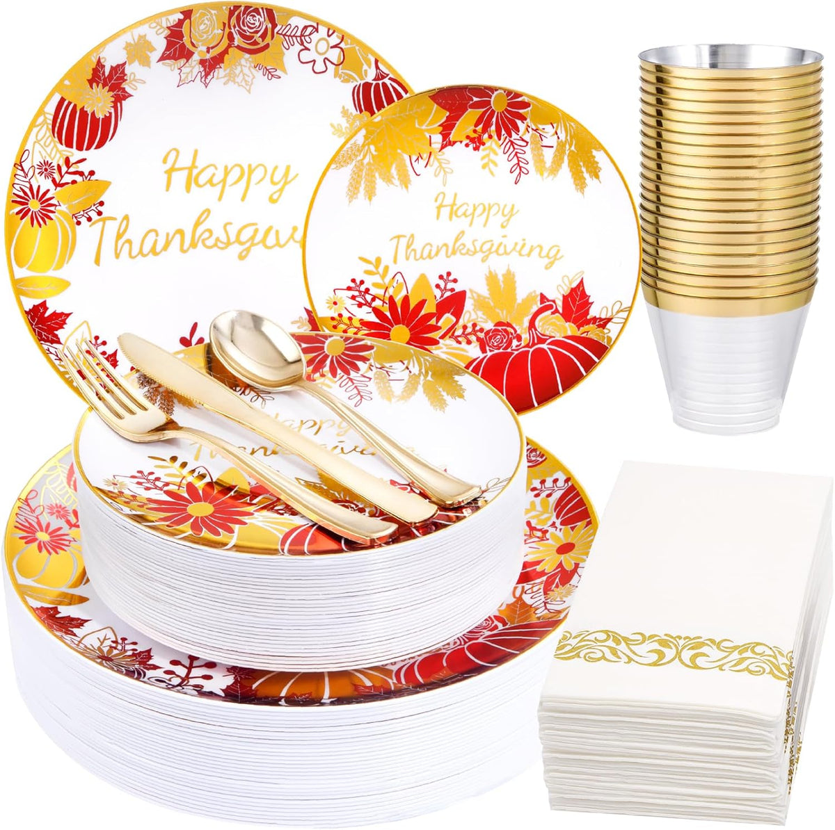 I00000 210Pcs Thanksgiving Plates Red and Gold Plastic Plate Dinnerware Set for 30 Guests Include 10.25" Dinner & 7.5" Dessert Plates, Pre Rolled Silverware Set, Cups for Party & Thanksgiving