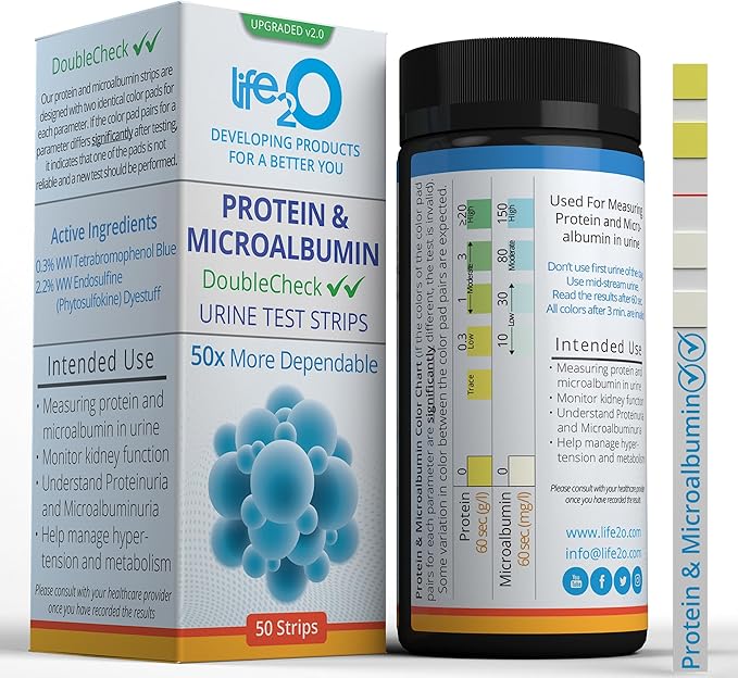 DoubleCheck Protein and Microalbumin Urine Test Strips for Urinalysis (50ct), Check for Preeclampsia, Proteinuria, Microalbuminuria and Kidney Health