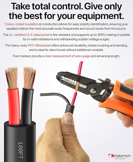 Nakamichi 14/2 (250-Foot) in-Wall & Direct Burial (UL CL2 CL3 Rated) Oxygen-Free Copper (OFC) 2-Conductor Speaker Cable Wire, Outdoor In-Ground, in-Ceiling, Riser, Black (14AWG / 250ft / 76.21m)