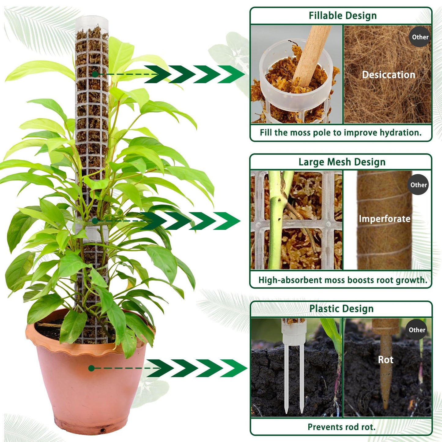Small Moss Pole for Monstera - Stackable & Refillable Plastic Moss Poles for Climbing Plants with Large Mesh Design (4Pack-White-Small)