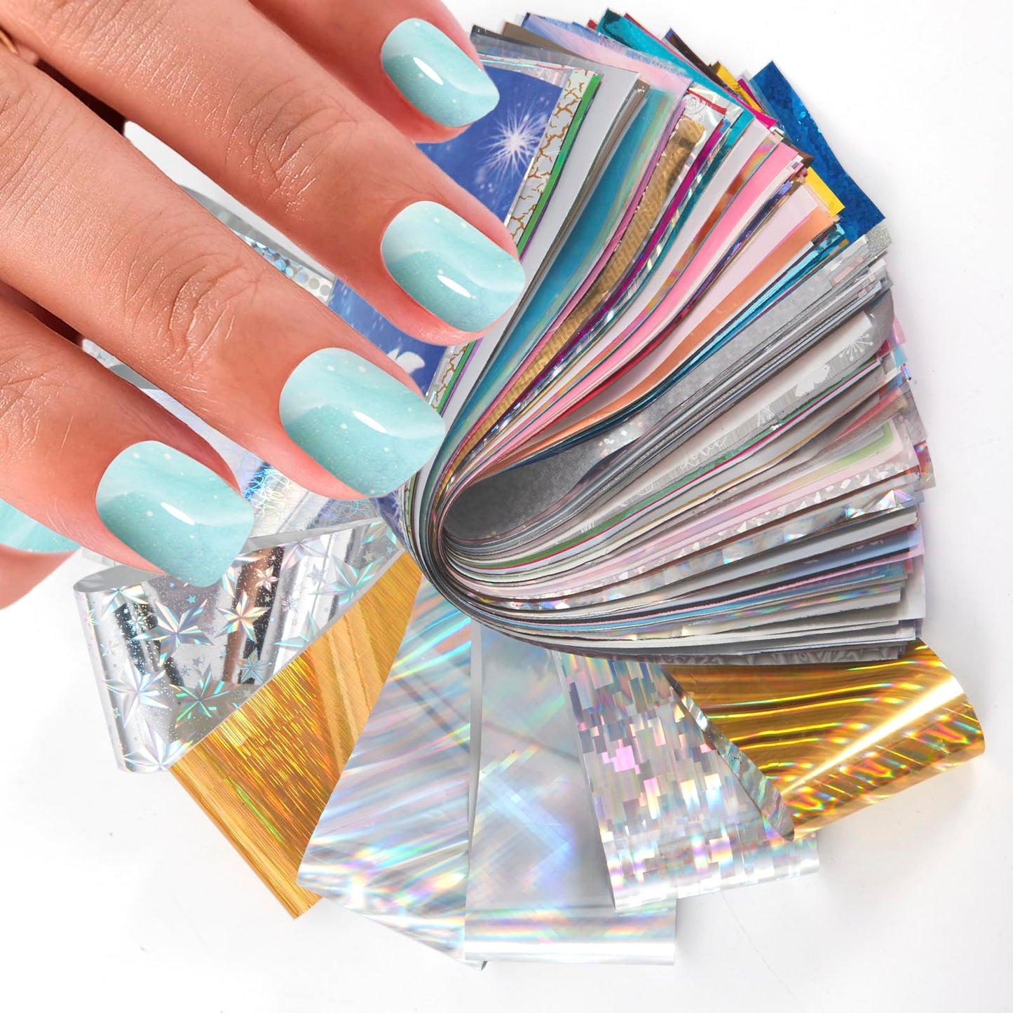 JERCLITY 300 Sheets Nail Foil Transfer Stickers Set Aurora Iridescence Gradient Nail Foils Transfer Nail Art Laser Solid Color Design Foil Sheets for Women Girls