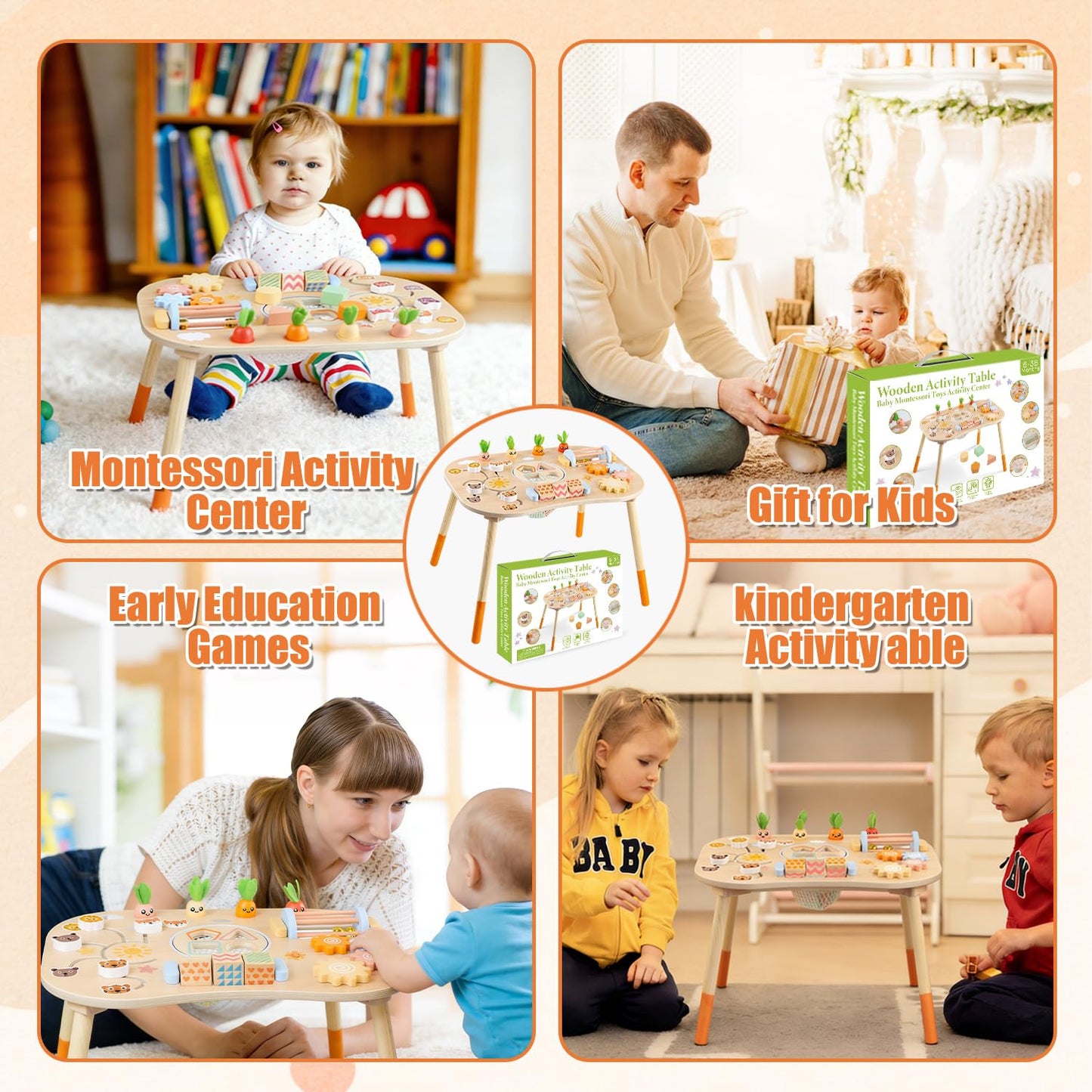 Wooden Activity Table for 1 Year Old Toddlers Sensory Table Activity Center 1-3 2 Baby Activity Table Kids Gift Game Wooden Montessori Table Shape Sorter Sensory Toys (Length*Height: 17"*11.8")