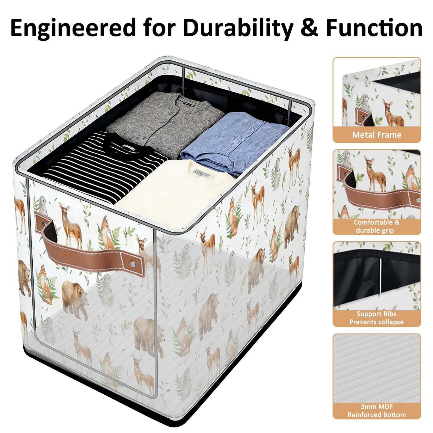Rectangular Kids Bear Storage Basket Bins - Waterproof Foldable Woodland Animals Storage Box with Sturdy Metal Frame and Handles, Collapsible Organizer for Toys, Blankets in Kids Room Playroom Nursery