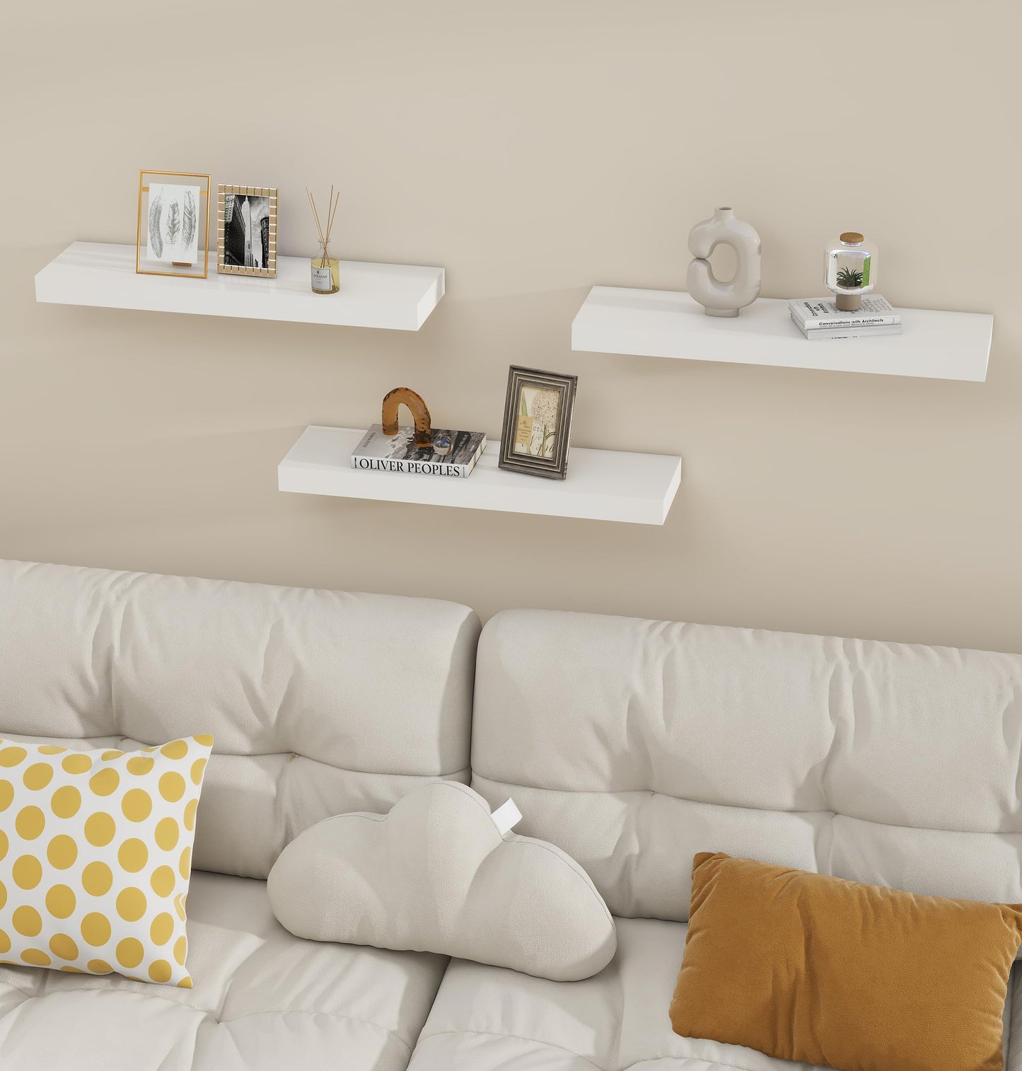 Vervida® White Floating Shelves for Wall, 24" Rustic Wood Deep Wall Mounted Shelves with Invisible Brackets for Decor & Storage, Floating Shelf for Living Room, Bathroom (Set of 3)