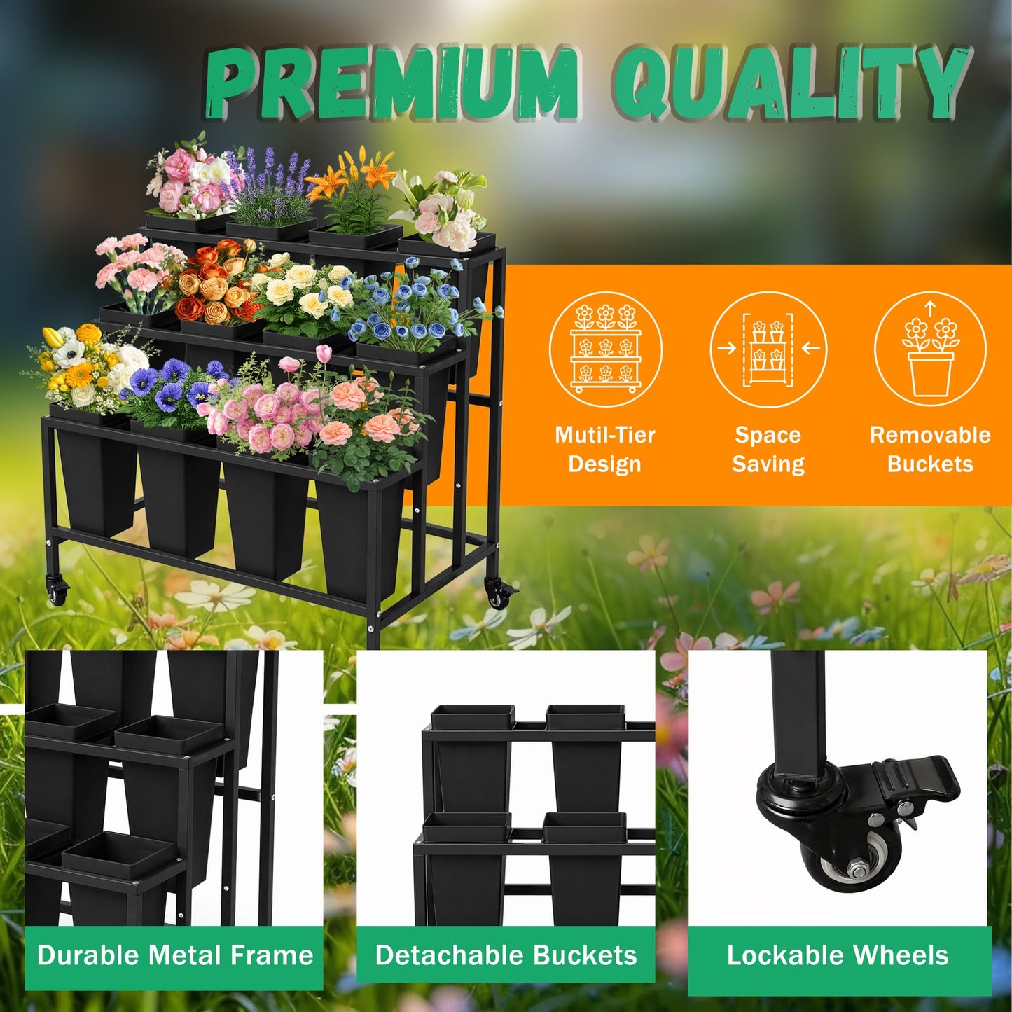 PROLEE Flower Display Stand with 12 Buckets, Flower Stand Metal with Wheels, Flower Cart 3 Layers, Flower Stand Metal with Wheels, Moving Florist Bouquet Shelf, Rectangular Rack (Black)