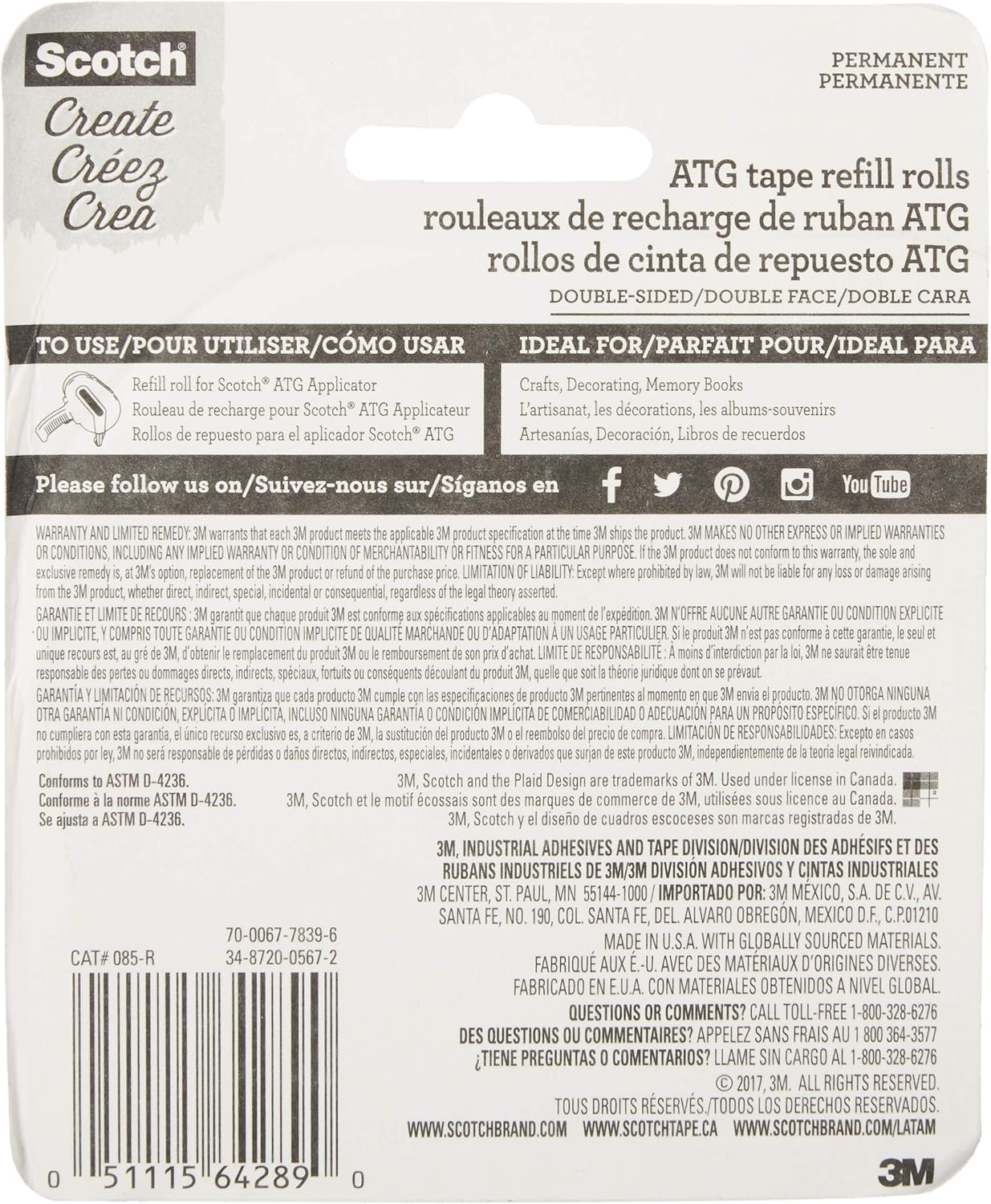 Scotch Advanced Tape Glider Refill Rolls, 1/4 Inch x 36 Yards – (3 Pack, 2 Rolls per Pack) Double-Sided Adhesive for ATG 714 Glider, Scrapbooking & Crafts
