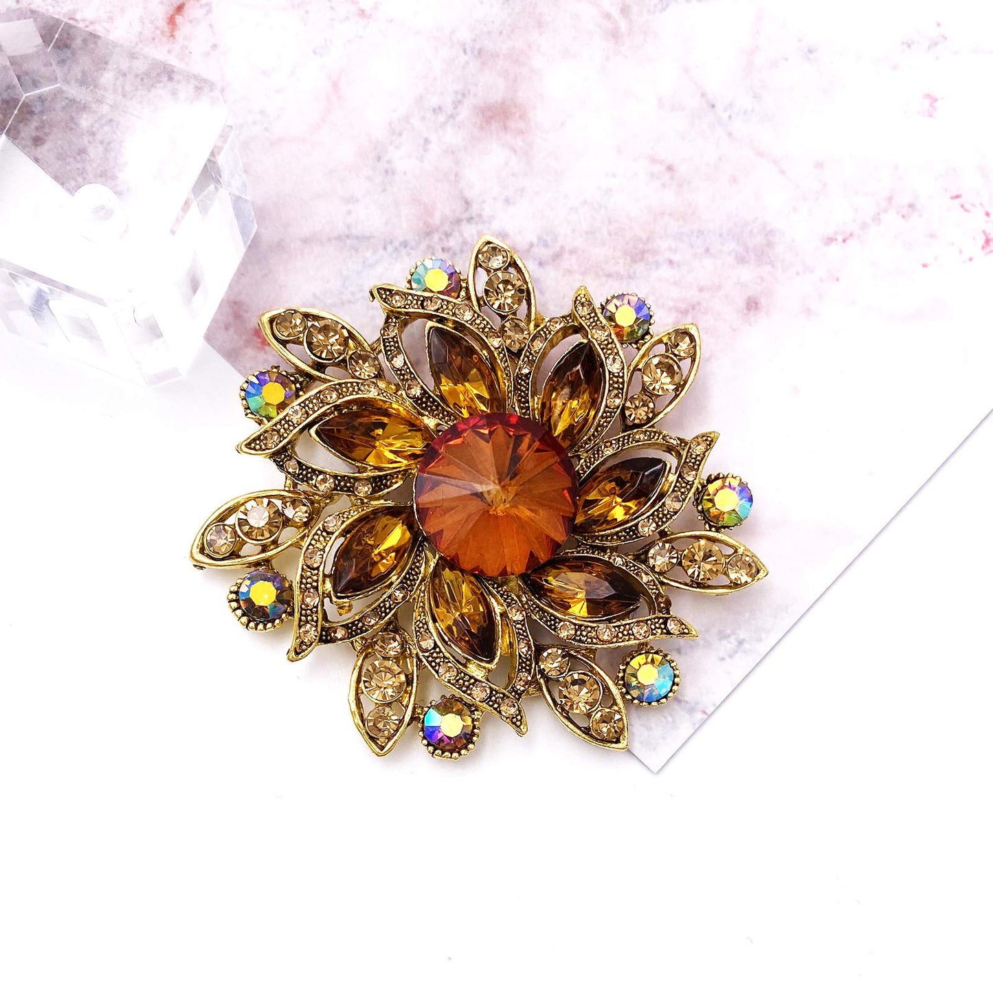 LAXPICOL Vintage Women's Brown Austrian Crystal Elegant Flower Brooch Wedding Broach Pin