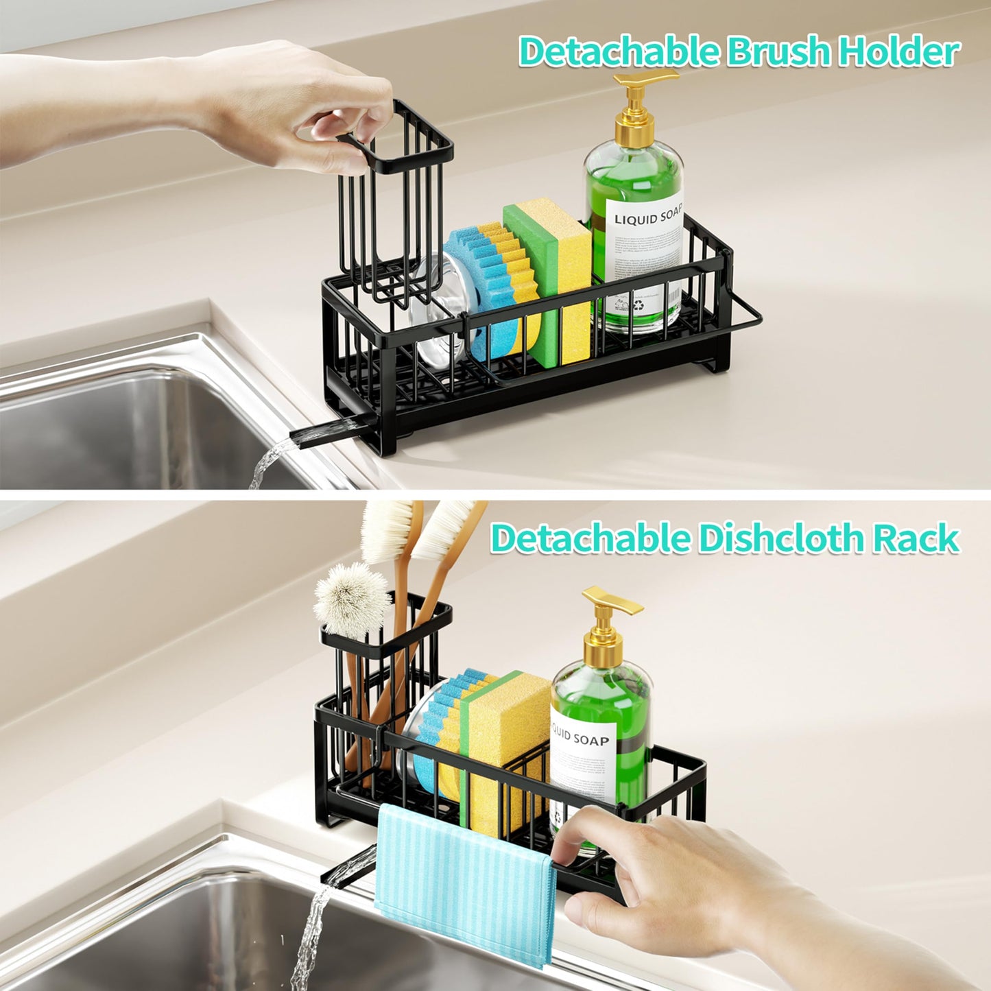 HapiRm Sponge Holder for Kitchen Sink - Self-draining Sink Caddy with Brush and Dishcloth Holders, Stainless Steel Kitchen Countertop Organizers and Storage Essentials - Black