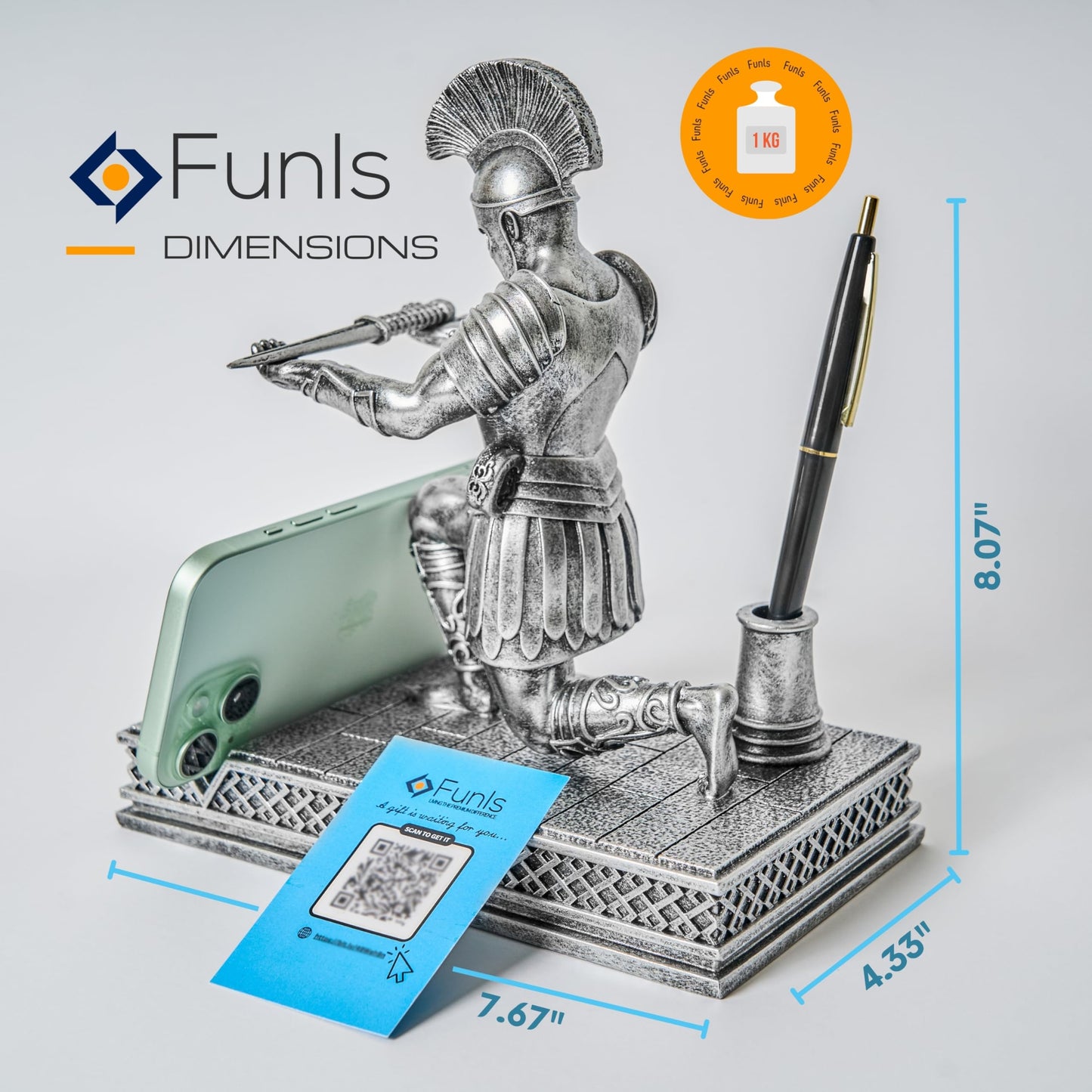 FUNIS Knight Pen Holder for Desk - Medieval Roman Knight Statue with 2 Pen Slots and Phone Stand - Cool Desk Decor for Men - Unique Executive Gift for Him