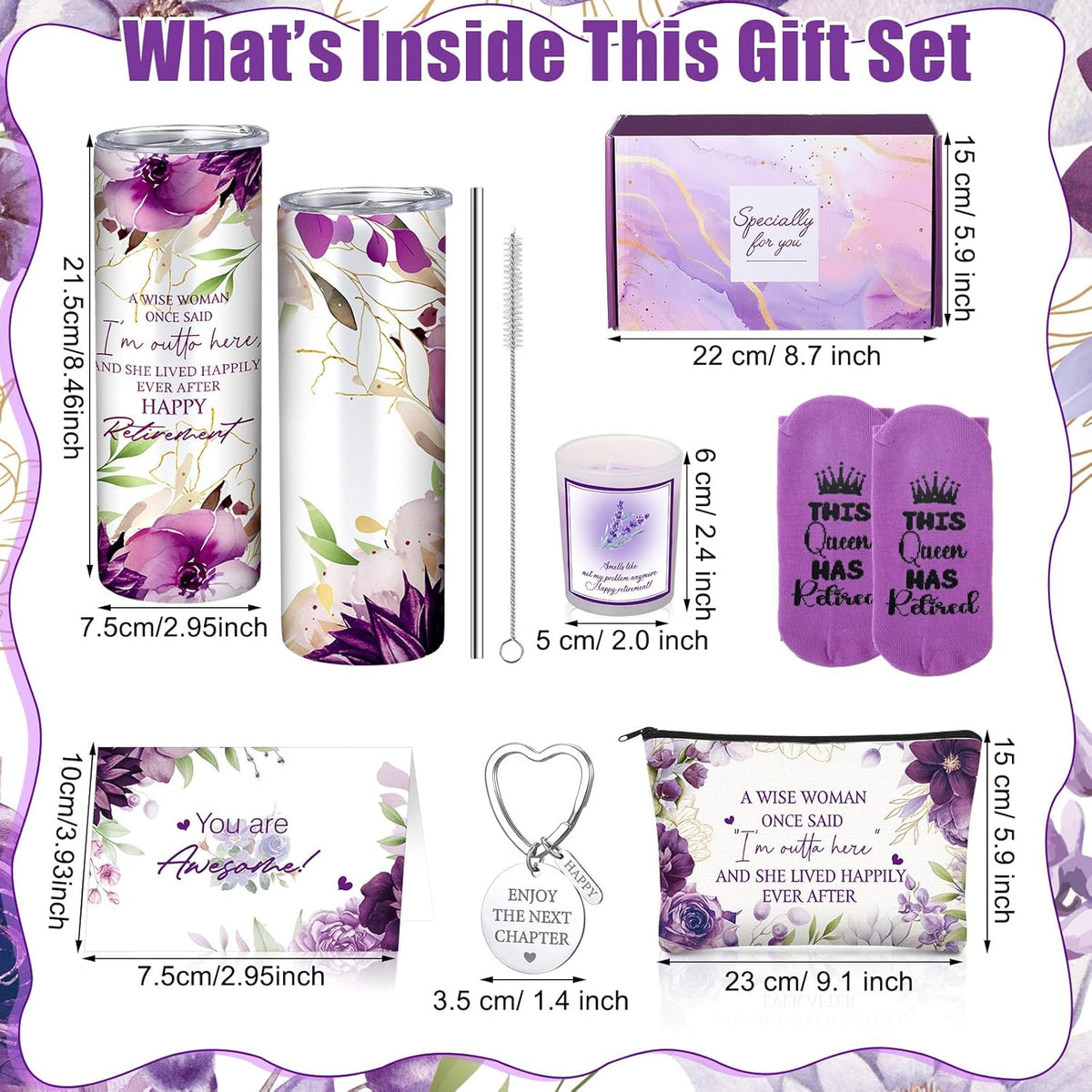 Bokon 7 Pcs Retirement Gift for Women 2025, Retirement Party Decorations, Gift Box for Coworker Teacher Mom Nurse Boss Friend with 20oz Tumbler Canvas Tote Bag(Purple)