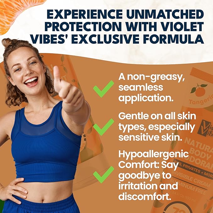 Violet Vibes Deodorant Cream for Women | Hypoallergenic & Gentle On Skin | Noni Leaf Extract, Aluminum-Free, Sensitive Skin, Fresh Odor Control for Whole Body 100mL (3.4 fl oz.) (Tangerine)