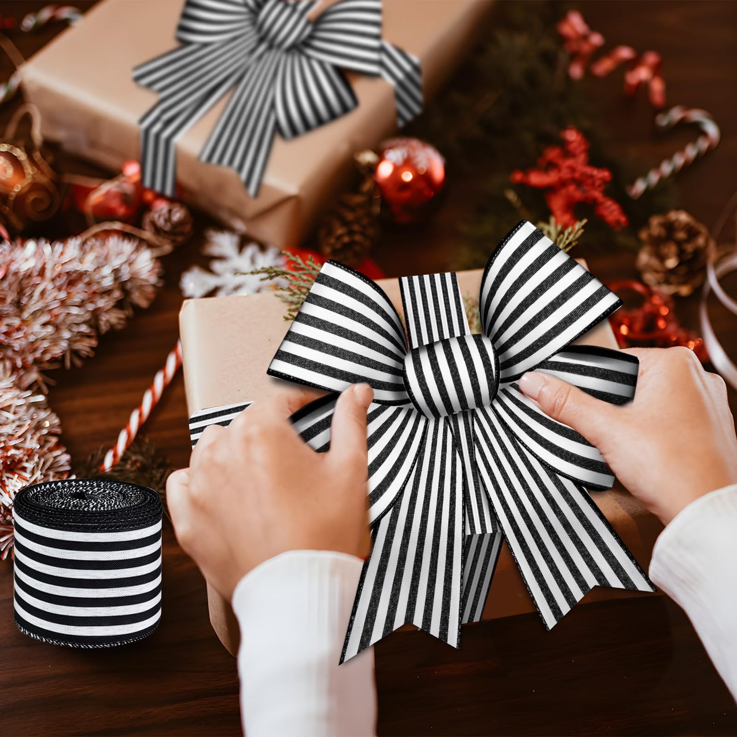 Mupera Black & White Striped Wired Burlap Ribbon 2.5 Inch 20 Yards Total, 2 Rolls x 10 Yards Each, Natural Jute for Wreaths, Big Bows, Christmas Tree, Gift Wrapping, No Fray Easy Shape