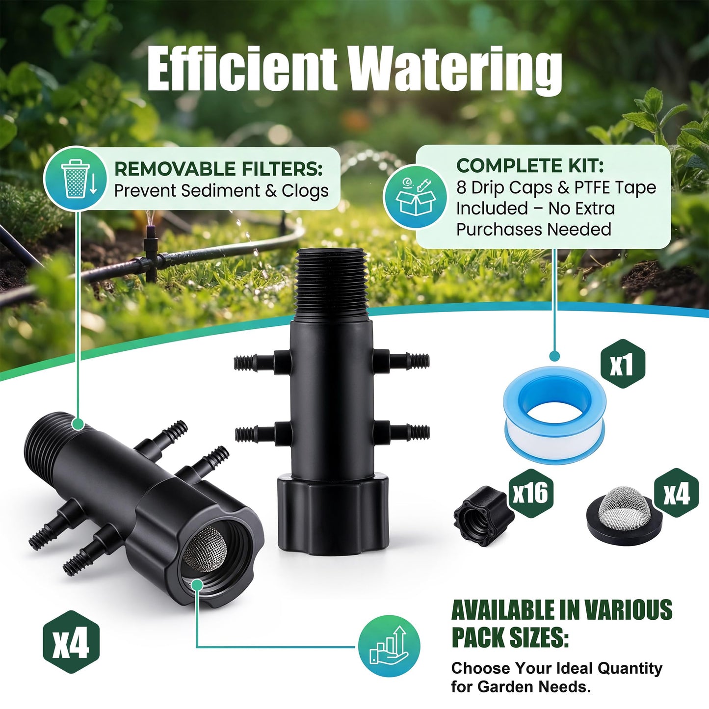 Gulfmew 4 Pack 4 Port Drip Irrigation Manifold with Filter, Drip Irrigation Riser Adapter, Watering Manifold for Gardening Systems, 1/2" Female Pipe Thread x 1/2" Male Pipe Thread x 1/4" Barbed End