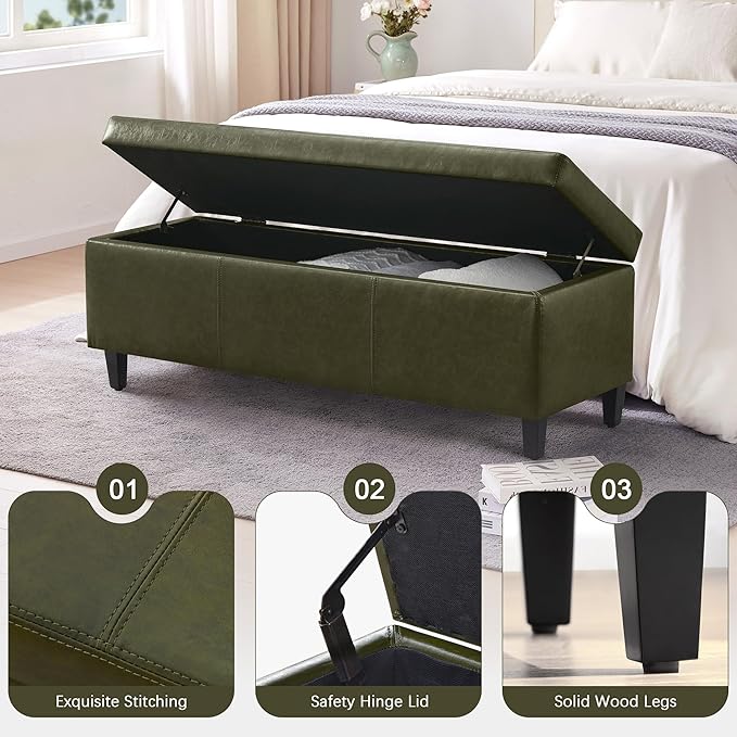 HUIMO Faux Leather Storage Ottoman Bench 50.3 Inch Extra Long PU Upholstered Bedroom Bench with Large Storage Space for The Living Room, Entryway, Bedroom Hold Up to 300lbs (Green)