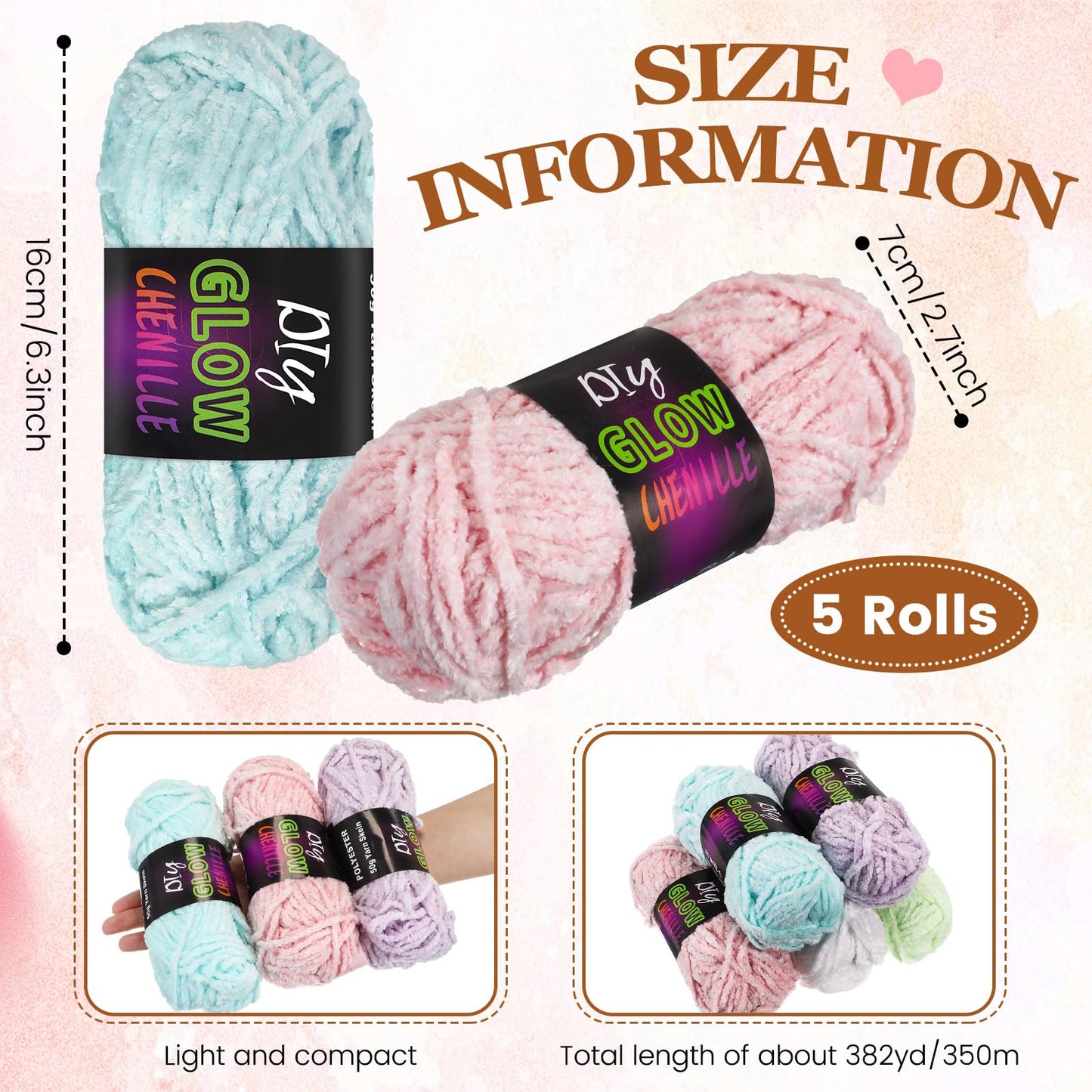 Fanfanwin 5 Rolls Glow in the Dark Yarn Fluffy Chenille Yarn for Crocheting & Knitting Glow Sewing Projects Fun Birthday DIY Gifts for Beginners Women 382 Yd/ 350 M Total(Fresh Colors)