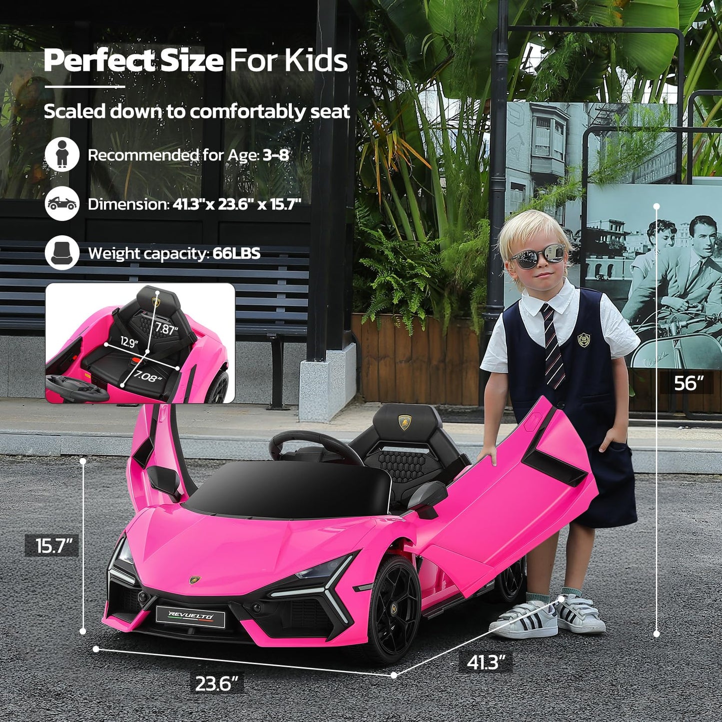ELEMARA Licensed Lamborghini Ride On Car with Scissor Door,Electric car for Kids with Remote Control,12V Kids Car with Bluetooth,LED Light,MP3 Player and Wide Seat(Pink)