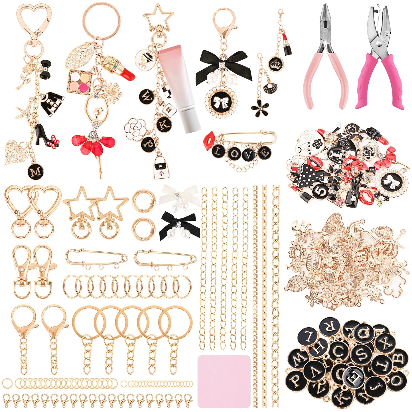 Prdingfy 477Pcs Lip Gloss Keychain Making Kit with Plier & Puncher, DIY Bag Charm & Bracelet Making Supplies, Alphabet Charms & Key Hooks for Personalized Gifts & Small Business