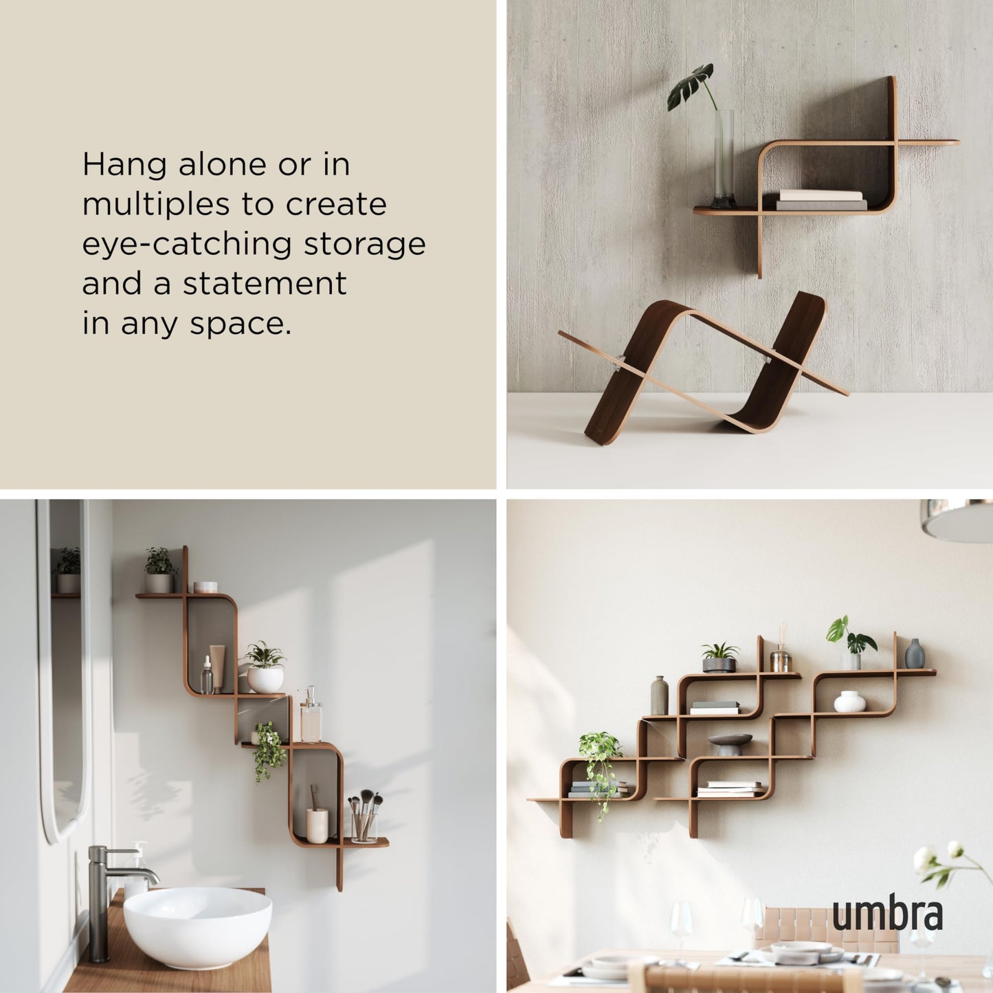 Umbra Montage Floating Wall Shelf Display Case, Made of Natural Bent Wood, Light Walnut