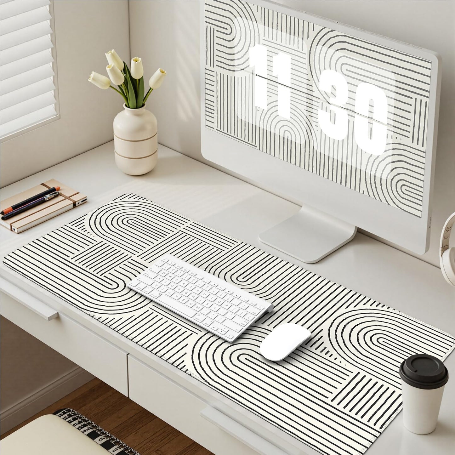 iCasso White Desk Matt for Desktop, Cute Desk Pad Mat, Large Mouse Pad, Anti-Slip Big Mousepad with Stitched Edges, Keyboard Pad for Computer(White)