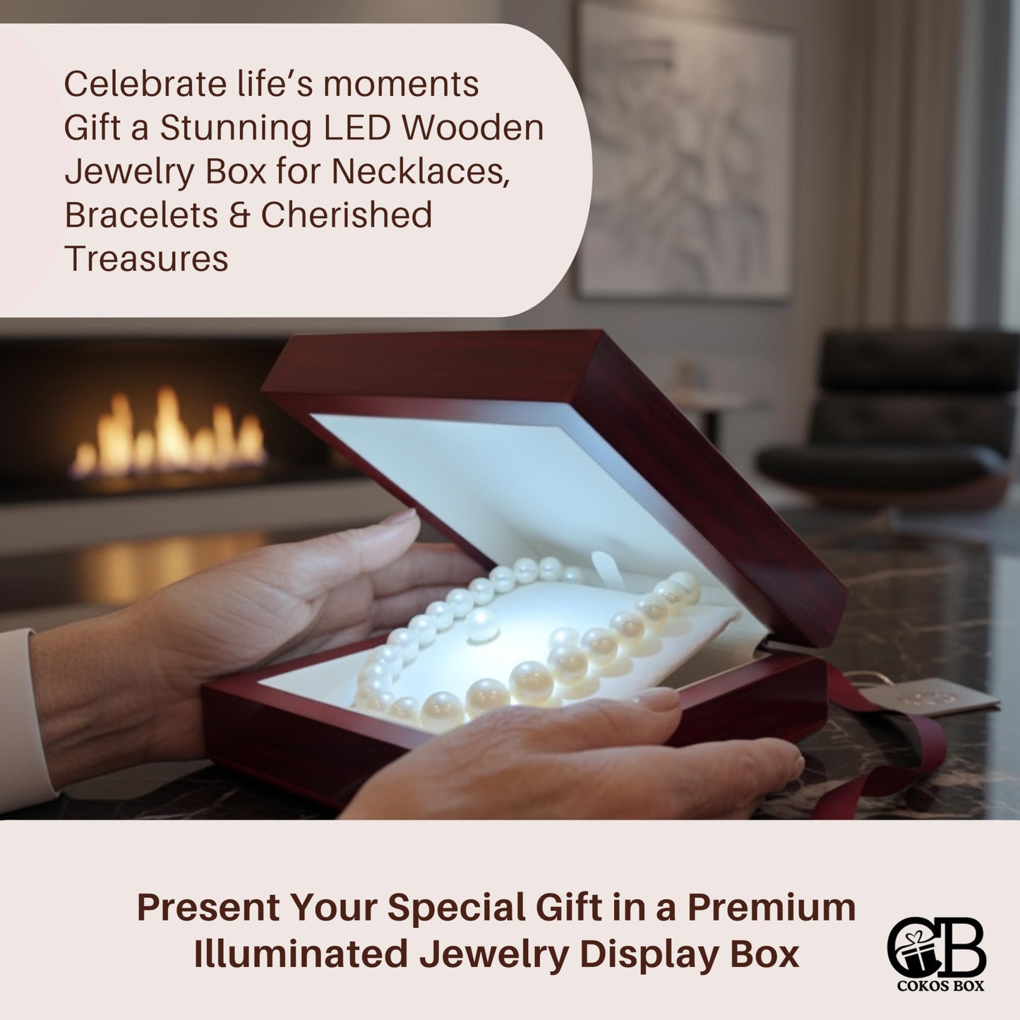 Necklace Box with LED Light – Small Jewelry Display Case for Bracelet, Earrings, or Chains – Luxury Lighted Wooden Presentation Box for Gifts, DIY Crafts (Mahogany White Interior, 5 X 5 Inch)