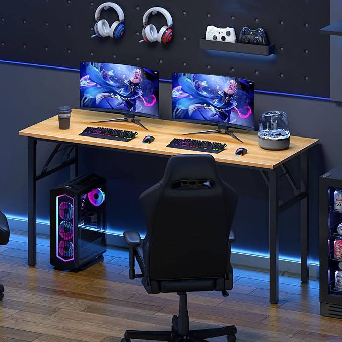 Need Folding Computer Desk, Large 60 inches Folding Table for Home Office, No Install Needed Foldable Writing Table Desk, Teak and Black
