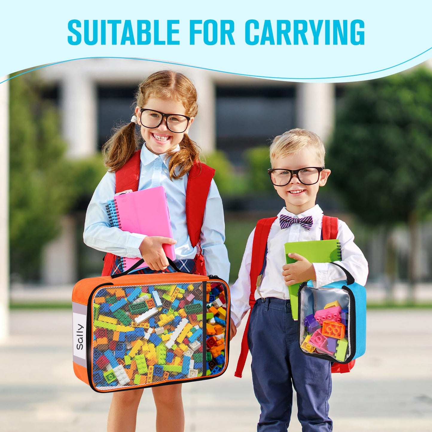 6 Pack Toy Storage Bags, Reusable Board Game Storage Bag with Visible Top, Label Slot, Manual Pocket&Handle, Travel Organizer Case for Bricks, Building Blocks, Puzzle, Car Toys, 3 Different Size