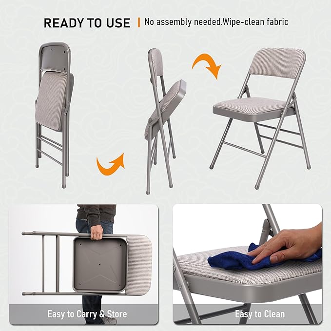 SEALAMB 16 Pack Folding Chairs with Padded Seats & Cushion, Durable Metal Foldable Chairs for Wedding Party, Commercial Chairs for Office School Church Events, 350lb Capacity (Grey-Fabric, 16 Pack)
