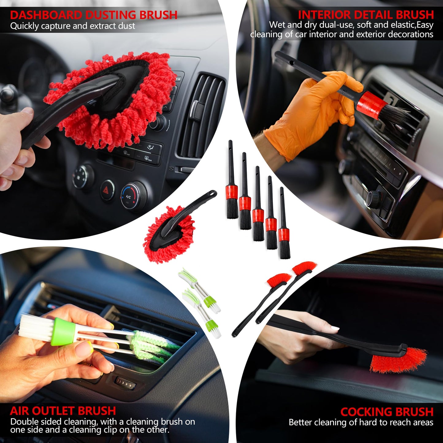 MIANYINGR 35Pcs Car Detailing Kit & Car Cleaning Kit – Windshield Tool, Long Wheel Brush & 2 Angled Brushes, 4 Polishing Pads & 4 Wax Pads – Red Tool Box – Gift for Men (B：35PCS-R)