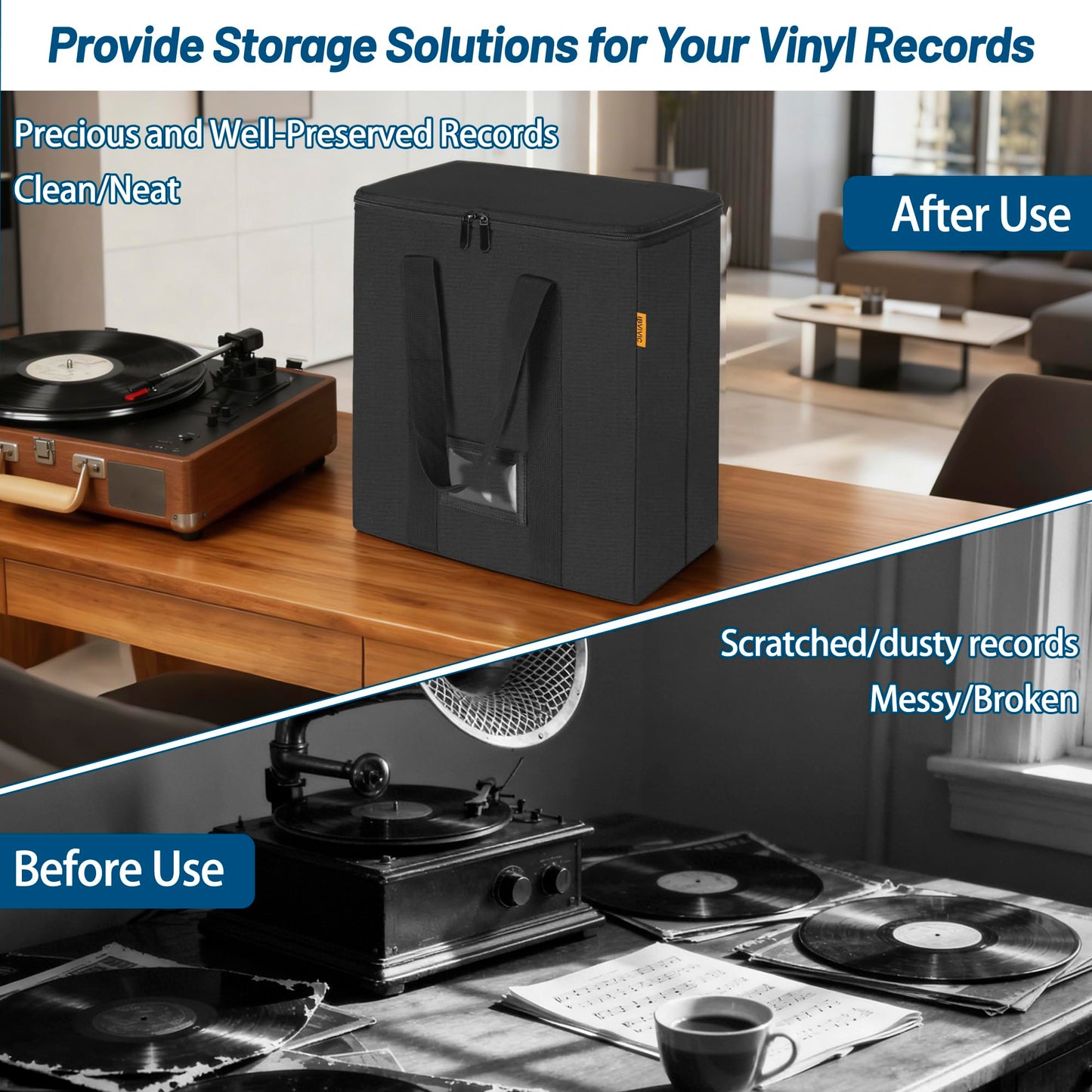 IBVIVIC Vinyl Record Storage Box with Lids and Handle Vinyl Album Storage Case Bag for 7/10/12 inch LP, Collapsible Crate Holds up 50+ Single Record (Black)