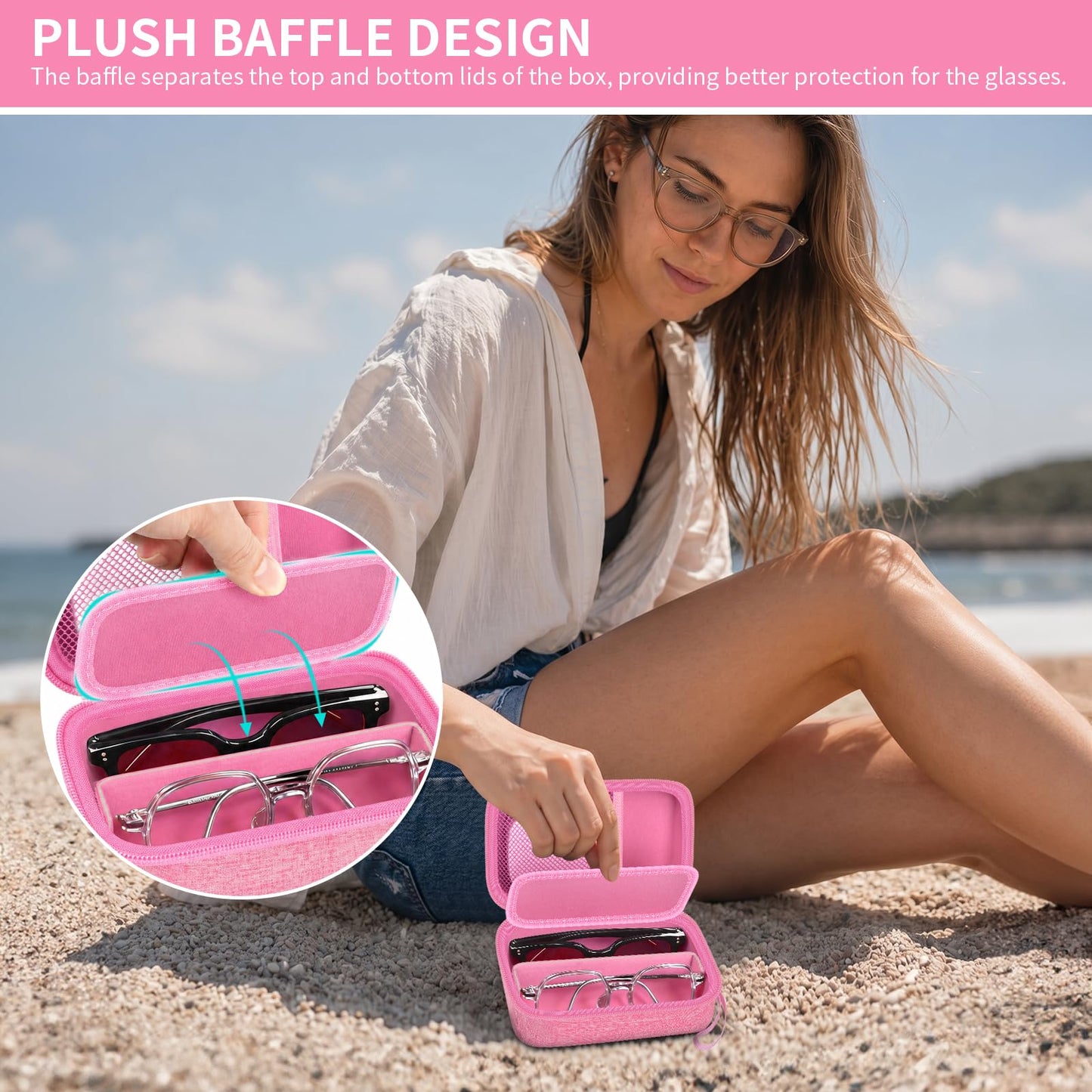 GWCASE Travel Glasses Organizer & Contact Lens Case - Adjustable Slots, Built-in Mirror, Tweezers, Solution Bottle & Hand Strap, Universal Fits Eyelasses/Sunglasses for Men & Women – Pink