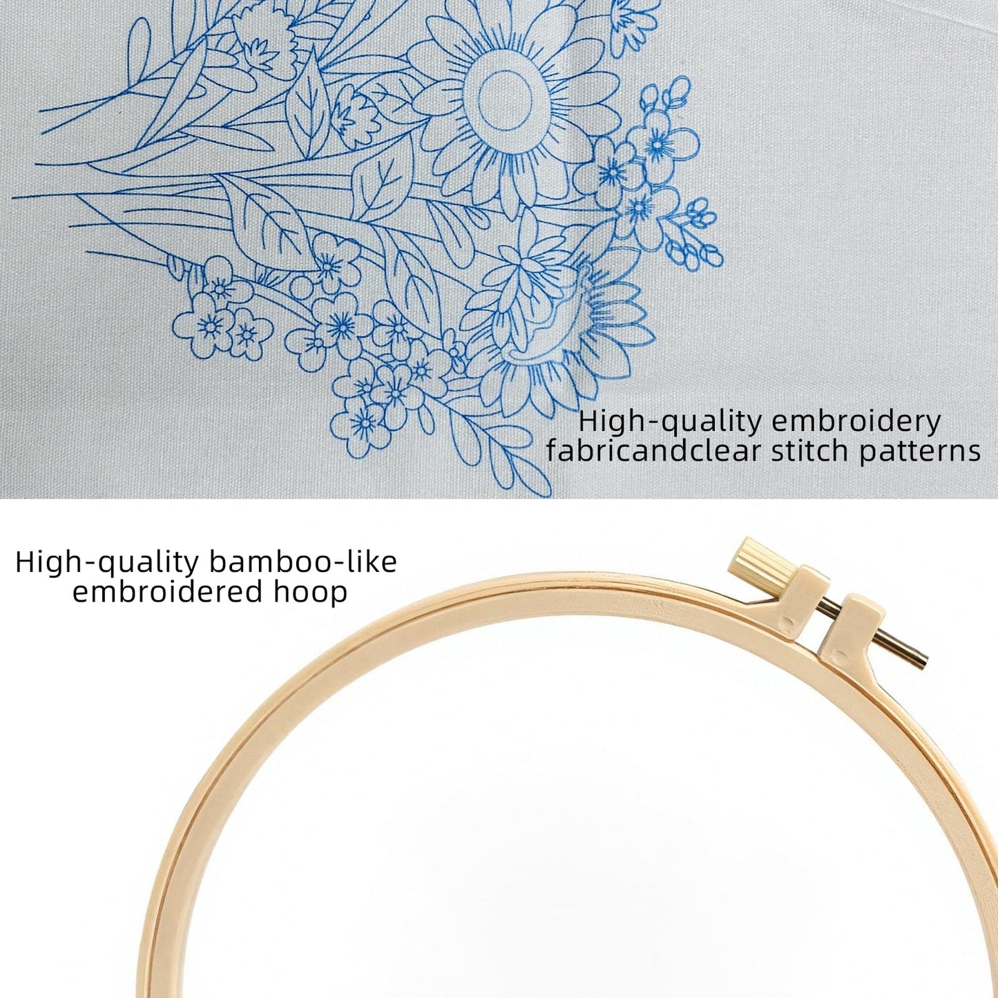 Herdiese 3PCS Embroidery Kit for Beginners with Floral Patterns – Cross Stitch Kits for Adults Including Hoop, Pre-Printed Fabrics, Threads, 9 Needles & Scissors – Easy Instructions